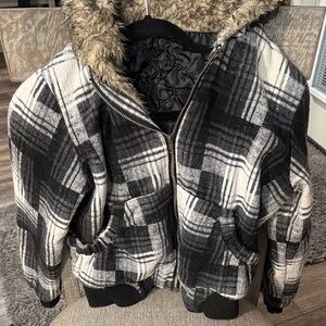 Plaid Hooded Jacket with Faux Fur Lining size small
